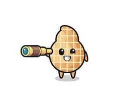 cute peanut character is holding an old telescope vector
