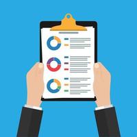 in the hands of man clipboard.Audit research vector icon, financial report data analysis, accounting analytics concept with charts and diagrams.