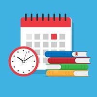 timer or clock, a stack of books and a calendar in the background vector