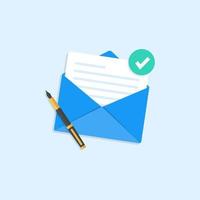 Email and messaging, envelope with a letter inside, ballpoint pen. vector