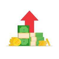 flecha roja hacia arriba. aumentar los ingresos. una pila de monedas de oro. billetes de dólares de dinero. estilo plano en efectivo. vector