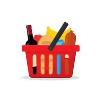 red basket with a set of products from a shop or a supermarket. bottle of wine, a loaf of bread, a packet of milk, a bunch of bananas, sausage and tomato