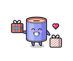 cylinder piggy bank mascot cartoon giving the gift vector