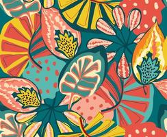 tropical pattern with multicolored hand drawn elements and funny background. Monstera pattern perfect for fabrics and decoration