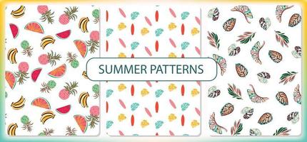 conjunto de patrones repetitivos con motivos sencillos de verano y tropicales. patrones de superficie para decorar. vector