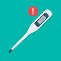 Caution high temperature on a digital thermometer and an exclamation mark in a red speech bubble. Medical thermometer. vector