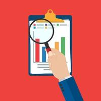 magnifying glass in the hand. Audit research vectors icon, financial report data analysis, analytics accounting concept with charts and diagrams.