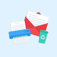 trituradora de papel, sobre con una carta y un bote de basura. el concepto de limpieza de correo o protección contra spam por correo electrónico. vector