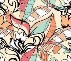 tropical pattern with multicolored hand drawn elements and funny background. tropical leaves pattern for textil and decoration vector