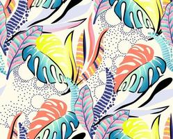 Diseño de patrones repetidos sin costuras de una obra de arte tropical, con elementos multicolores dibujados a mano y un fondo divertido. patrón de monstruo vector