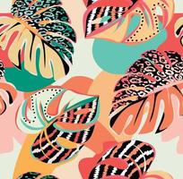 tropical pattern with multicolored hand drawn elements and funny background. Monstera pattern vector