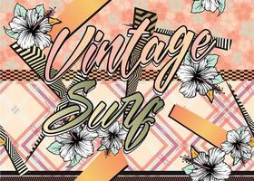 wallpaper with vintage surf inspiration. Floral pattern in borders with diagonal plaid in background. vector