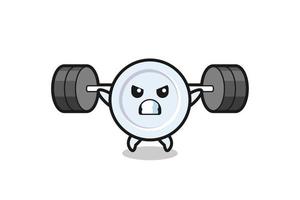 plate mascot cartoon with a barbell vector