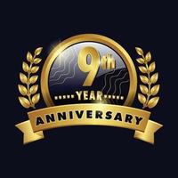 9th anniversary golden logo ninth Year Badge with number nine ribbon, laurel wreath vector design