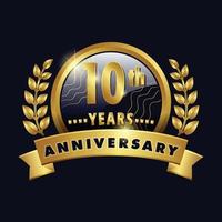 10th anniversary golden logo Tenth Year Badge with number tenth ribbon, laurel wreath vector design