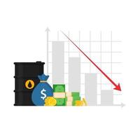 barril de petróleo y gráfico. caída del mercado del petróleo. precio del petróleo. reducción de precio. barril y dinero. vector