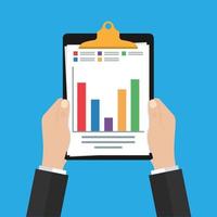 in the hands of man clipboard.Audit research vector icon, financial report data analysis, accounting analytics concept with charts and diagrams.