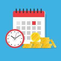 Timer or clock, a stack of coins and a calendar in the background. vector