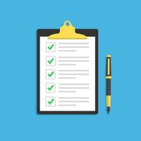 checklist or document with green checkmarks. Application form, completed tasks, to-do list, survey concepts. Ballpoint pen and checklist. vector