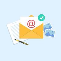 Email and messaging, yellow envelope with a letter inside, ballpoint pen and images. vector