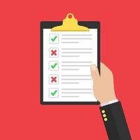 in hand checklist or document with green checkmarks and red crosses. Application form, completed tasks, to-do list, survey concepts. vector