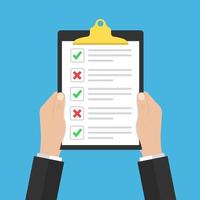 in hand checklist or document with green checkmarks and red crosses. Application form, completed tasks, to-do list, survey concepts. vector