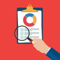 magnifying glass in the hand. Audit research vectors icon, financial report data analysis, analytics accounting concept with charts and diagrams.