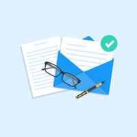 Email and messaging, envelope with a letter inside, ballpoint pen and glasses. vector