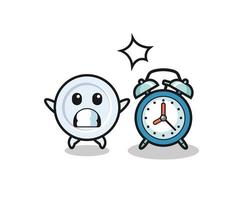 Cartoon Illustration of plate is surprised with a giant alarm clock vector