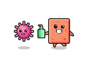 illustration of brick character chasing evil virus with hand sanitizer vector