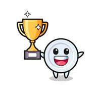 Cartoon Illustration of plate is happy holding up the golden trophy vector