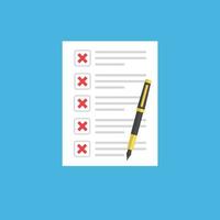 document or checklist with red crosses and pen. vector