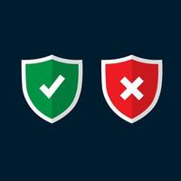 Shields and check marks icons set. Red and green shield with checkmark and x mark. Protection, safety, security, reliability concepts. vector