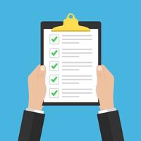 in hand checklist or document with green checkmarks. Application form, completed tasks, to-do list, survey concepts. vector