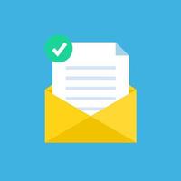 flat file icon with a green checkmark inside a yellow postal envelope. vector