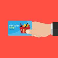 hand holds a discount card for shopping products in the store, a basket of products. vector