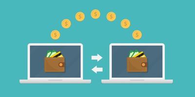 Money transfer. Two laptops with wallets on screen and transferred gold coins. Send money online, remittance, online payment, digital wallet, payment app concepts. vector