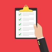 n hand checklist or document with green checkmarks. Application form, completed tasks, to-do list, survey concepts. vector