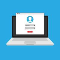 login form, the login page opens in a web browser window on the laptop screen. vector