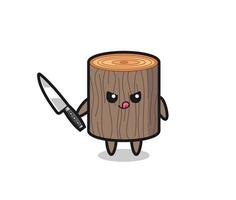 cute tree stump mascot as a psychopath holding a knife vector
