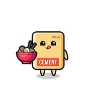 lindo personaje de saco de cemento comiendo fideos vector