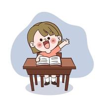 A cute happy little student girl in the classroom is hand up to answer the question.doodle vector cartoon character