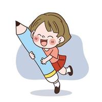 School concept.A happy cute little school girl with huge pencil.vector cartoon character. vector