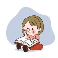 A cute happy little girl is reading a book. vector cartoon character.