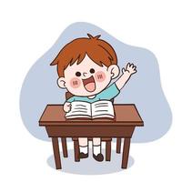 A cute happy little student boy in the classroom is hand up to answer the question.doodle vector cartoon character