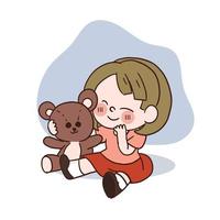 A happy cute little girl playing with teddy bear.vector cartoon character. vector