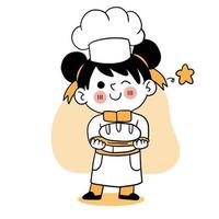 Happy smile little girl chef.kid cooking concept.Doodle hand drawn vector illustration.