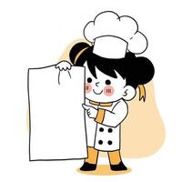 sonrisa feliz niña chef.kid concepto de cocina.doodle dibujado a mano ilustración vectorial. vector