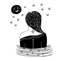 mujer y luna llena, ilustración vector