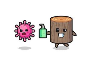 illustration of tree stump character chasing evil virus with hand sanitizer vector